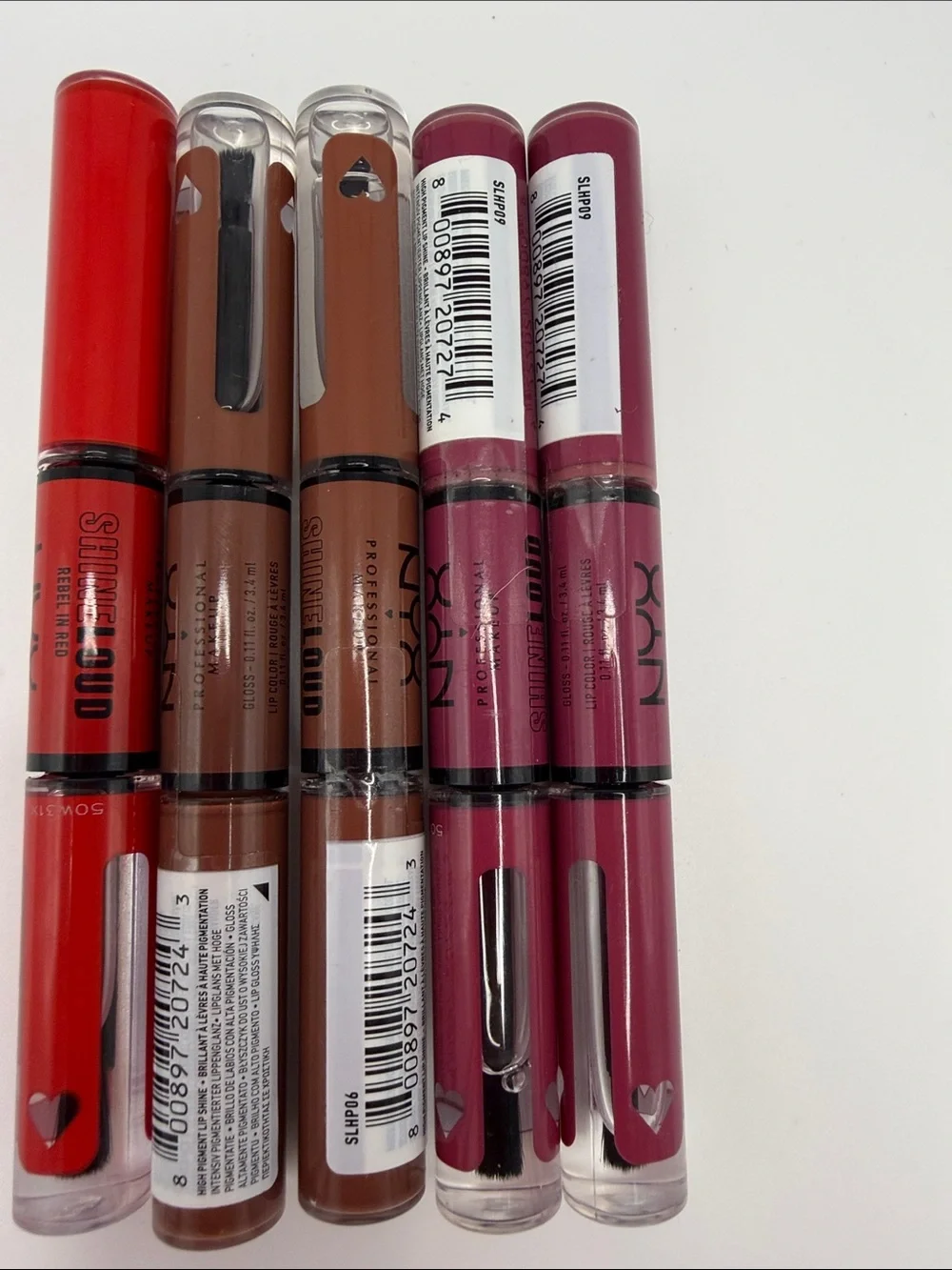NYX Shine Loud High Shine Dual Lip Gloss — Red, Brown & Berry Shades- 5 Pack